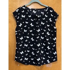 Talbots Womens Black White Butterfly Tie Front BlouseSummer Fairycore Feminine 8